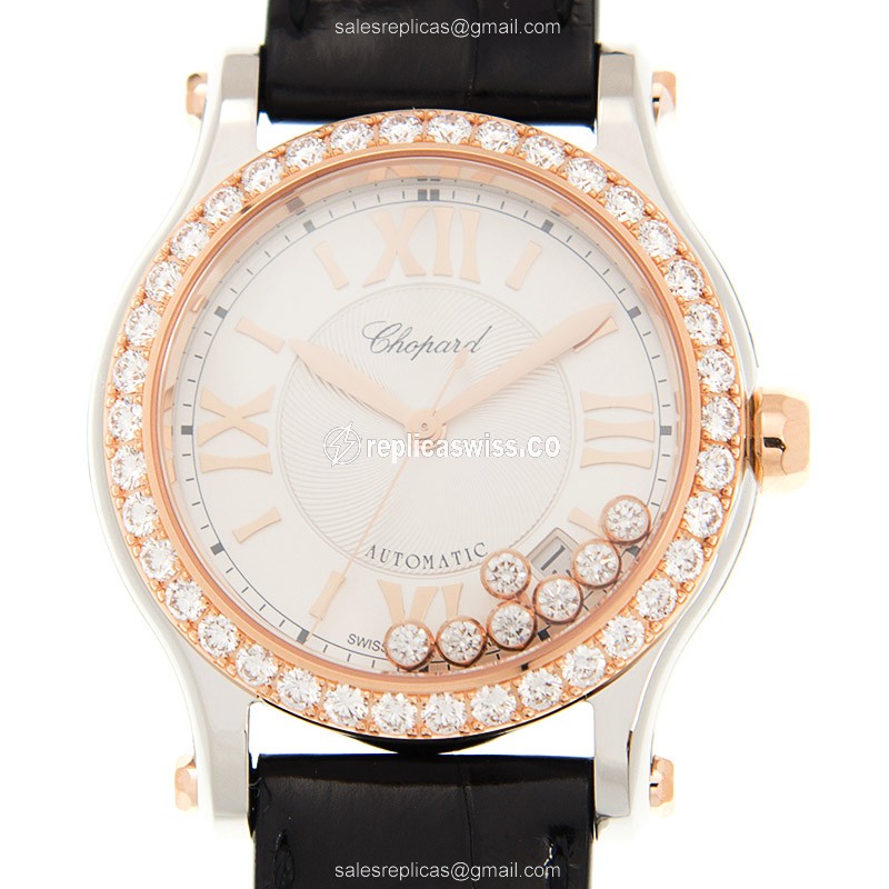 Chopard Happy Sport Replica - Automatic - Rose Gold Case - Diamonds - Silver Dial - Black Alligator Strap